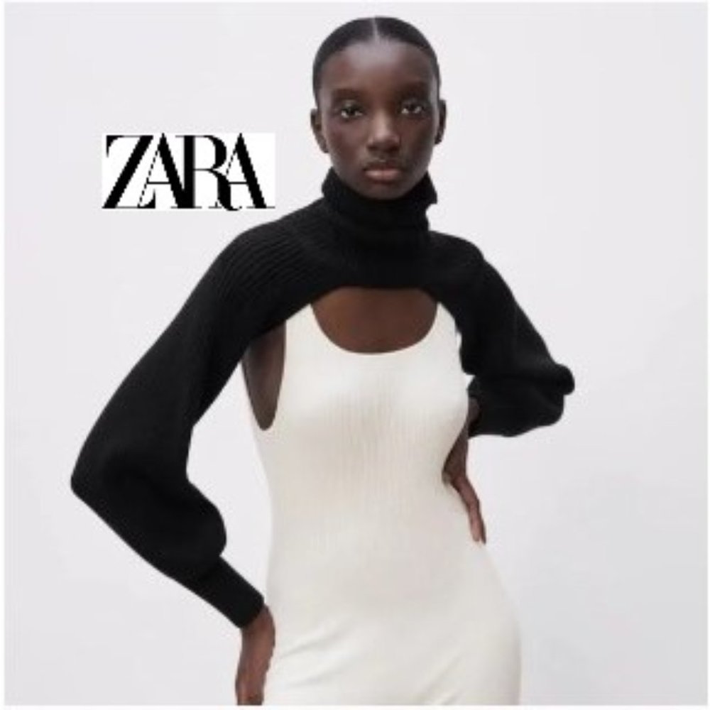 Zara - Black Turtleneck Knit Arm-Warmer Cut-out Ribbed Sweater - Size M